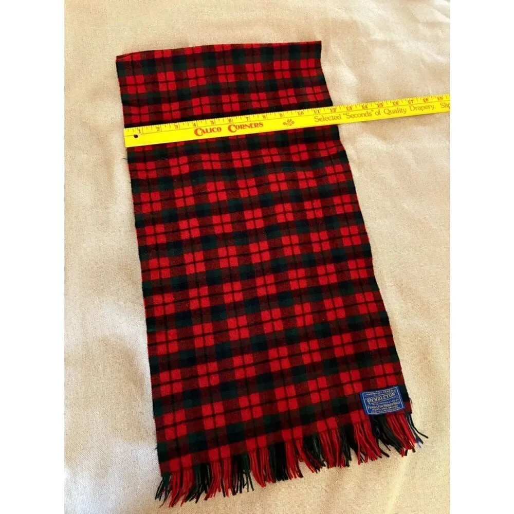 Vintage Pendleton Plaid Virgin Wool Scarf Red Black Green Fringe Made in USA